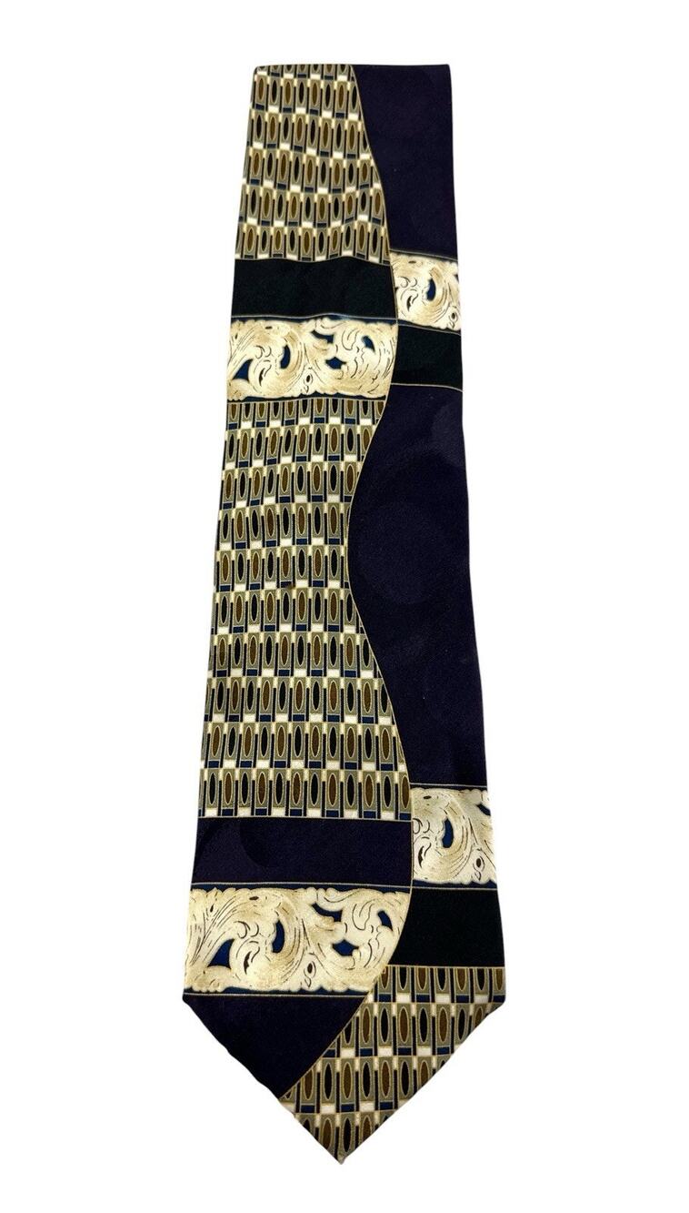 Vintage Ottimo Uomo 100% Silk Tie Navy Gold Geometric Baroque Made Korea